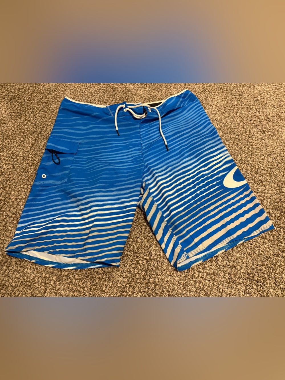 Oakley Blue and White Striped Board Shorts